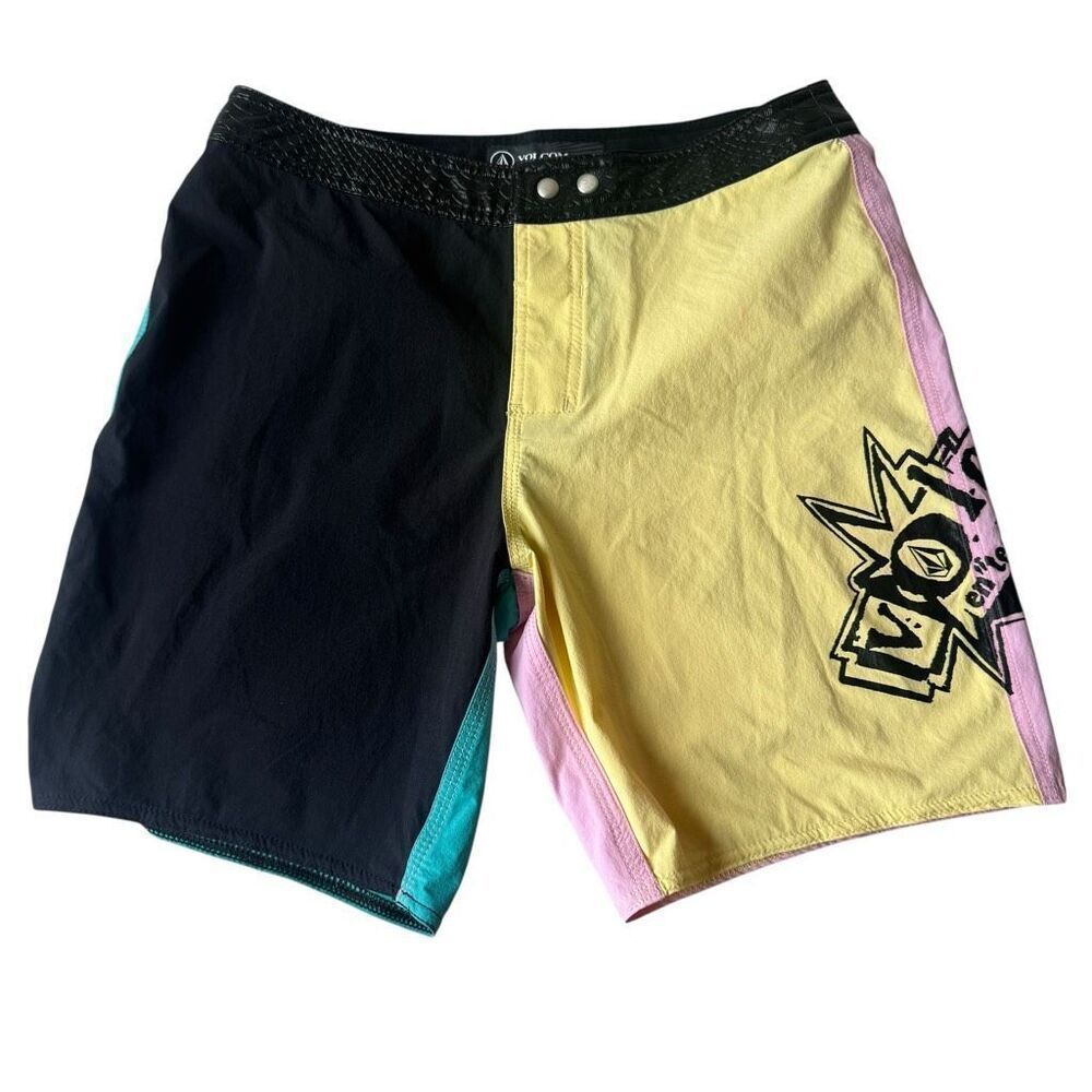 Volcom Board Shorts Black Yellow Pink Liberators V-ENT Surfing Beach SZ 28 #2502